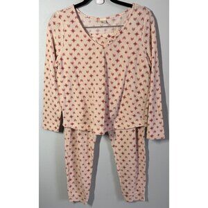 SOMA Waffle Knit 2 Piece Pajama Set Womens Small Cream/Pink V-Neck Jogger Style